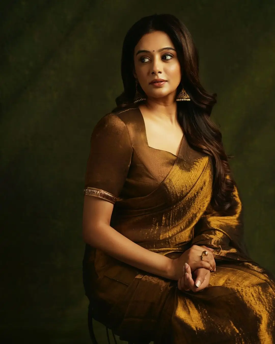 South Indian Girl Priyamani In Traditional Yellow Saree Blouse